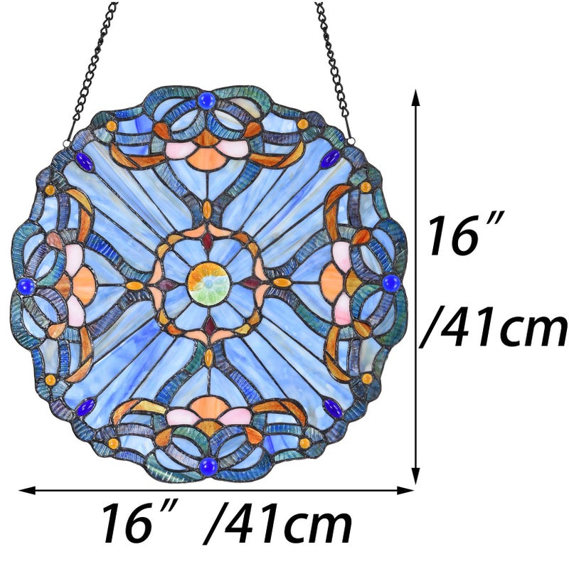 Bieye W10069 Baroque Tiffany Style Stained Glass Window Panel, Round Shape, 16 inches Wide - Image 5